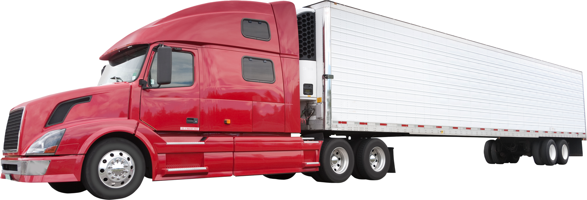 large semi truck with red cab and white trailer