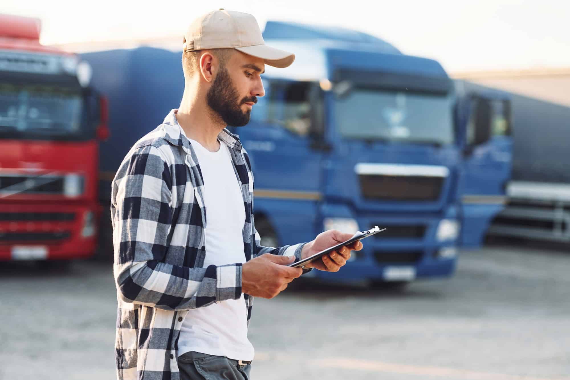 A young truck driver looking at his clipboard